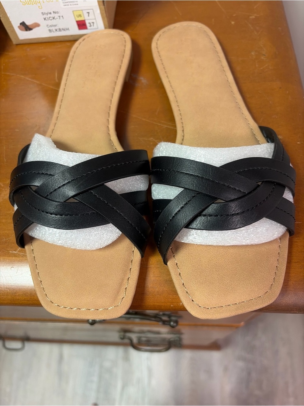 Forever 21 Black Braided Slide Sandals with Tan Footbed